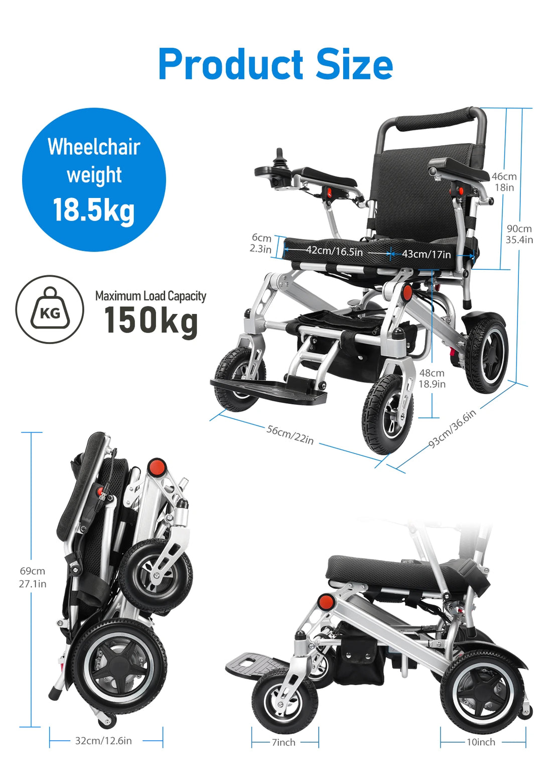 24KM Range Foldable Electric Wheelchair Lightweight